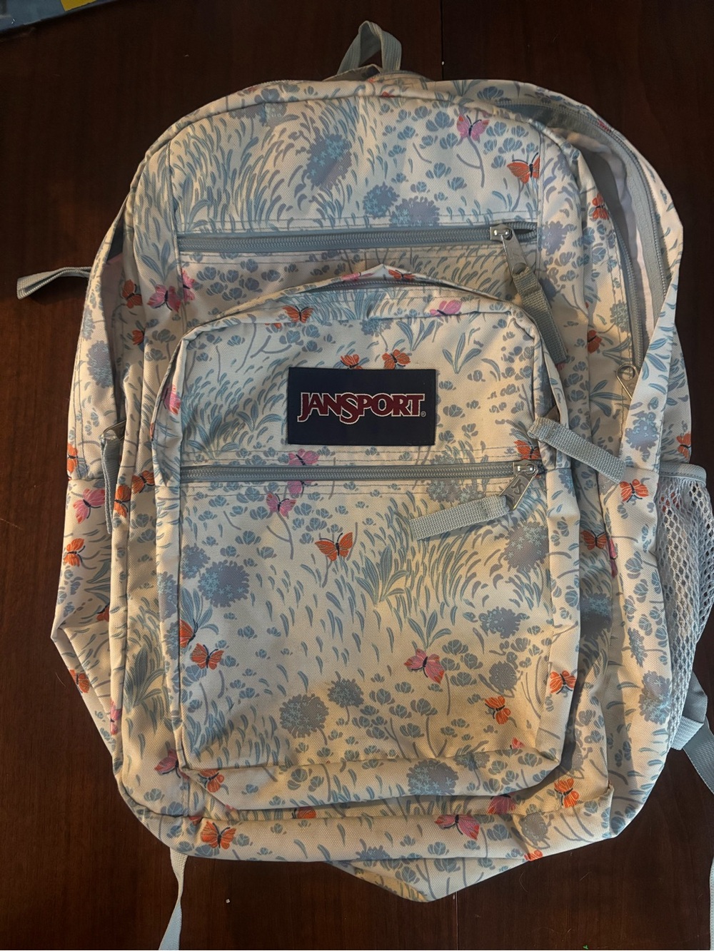Jansport Kids Backpack in Light Blue and Cream with Butterfly Print